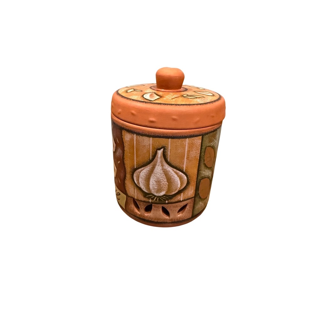Terracotta Garlic Keeper Jar Hand Painted Rustic Ceramic Storage Crock with Lid